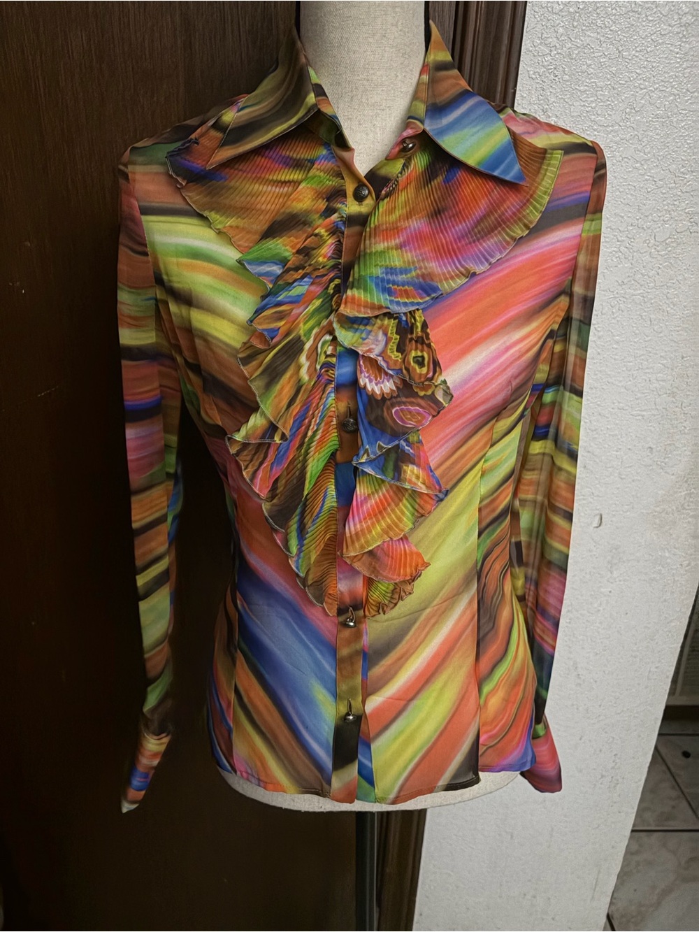Vintage GianniVersaceMulticolor Blouse Ruffles Ruffle Button Down Shirt Silky 90